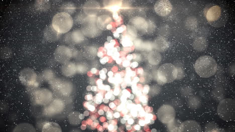 Animation-of-snow-falling-over-christmas-tree-with-spotlight-background