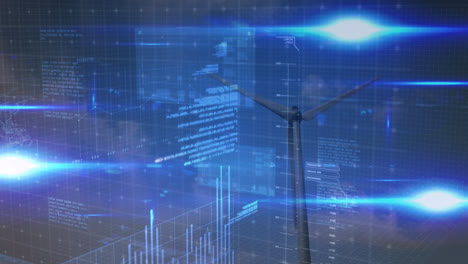 Animation-of-data-processing-and-light-trails-over-wind-turbine-and-sky