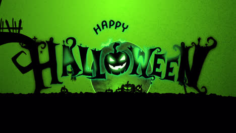 Animation-of-happy-halloween,-pumpkins,-cemetery-and-full-moon-on-green-background
