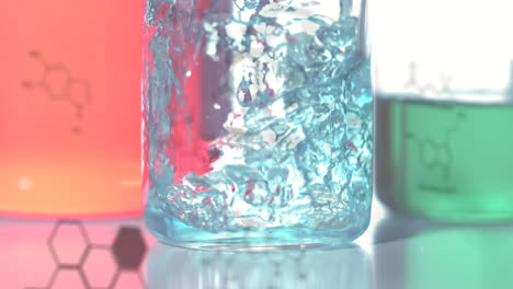 Animation-of-data-processing-and-chemical-formula-over-beakers-with-liquid-in-lab