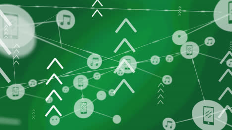 Animation-of-network-of-connections-with-note-icons-over-arrows-on-green-background