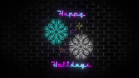Animation-of-neon-happy-holiday-text-and-snowflakes-on-black-background