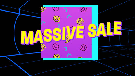 Animation-of-massive-sale-text-over-shapes-on-black-background
