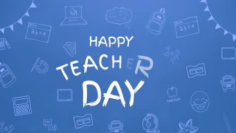 Animation-Des-Glücklichen-Lehrertags-über-Schulartikel-Symbolen-Auf-Blauem-Hintergrund