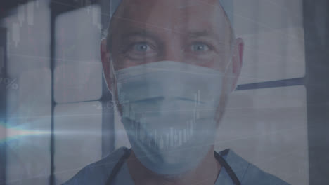 Animation-of-data-processing-and-globe-over-caucasian-male-surgeon-wearing-face-mask
