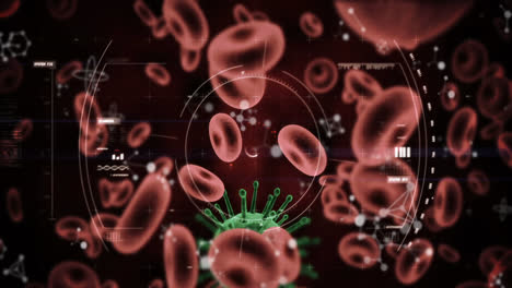 Abstrakte-Rote-Formen-über-Dem-Scannen-Des-Zielfernrohrs-über-Covid-19-Zellen-Und-Blutgefäßen-Vor-Rotem-Hintergrund