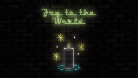 Animation-of-neon-joy-to-the-world-text-and-candle-on-black-background