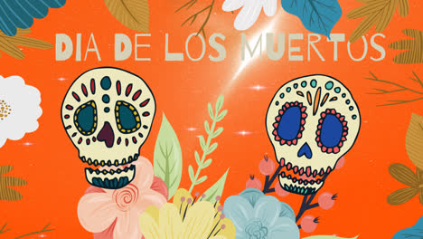 Animation-Des-Dia-De-Los-Muertos-über-Dekorativen-Totenköpfen-Auf-Orangefarbenem-Hintergrund-Mit-Blumen