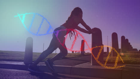 Animation-of-dna-strand-over-biracial-woman-exercising-in-park