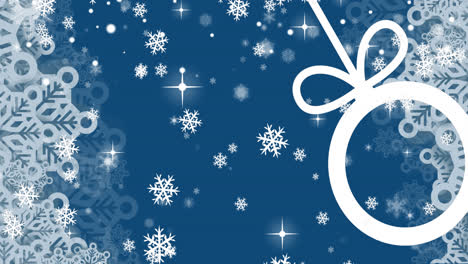Animation-of-christmas-snowflakes-falling-over-bauble-on-blue-background