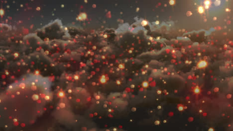 Animation-of-christmas-decoration-with-glowing-yellow-and-red-spots-over-clouds