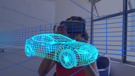 Animación-De-Un-Dibujo-Digital-En-3D-De-Un-Automóvil-Sobre-Una-Mujer-Usando-Auriculares-Vr