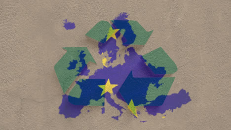 Animation-of-european-union-flag-stars-and-map-of-europe-with-green-recycling-symbol