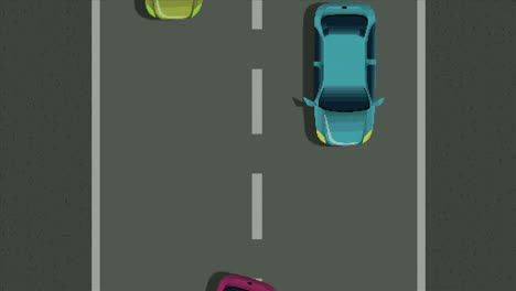 Animation-Eines-Videospielbildschirms-Mit-Autos,-Die-Auf-Einer-Sich-Bewegenden-Straße-Rasen