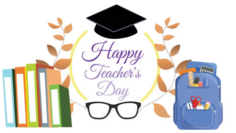 Animation-of-happy-teacher's-day-over-school-items-icons-on-white-background