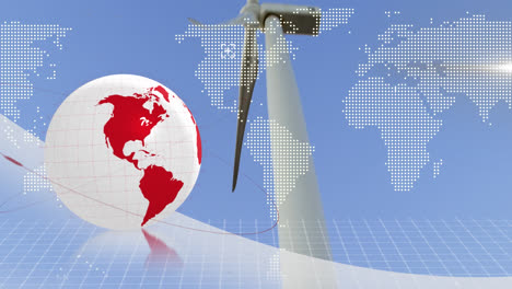 Animation-of-globe-and-world-map-data-processing-over-wind-turbine
