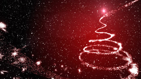 Animation-of-snow-falling-over-christmas-tree-formed-with-shooting-star-on-red-background