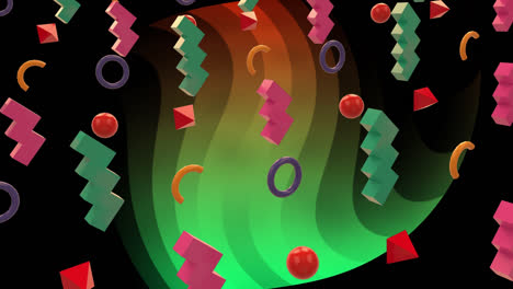 Animation-Bunter-Formen-über-Spiralförmigen-Orangefarbenen-Und-Grünen-Formen-Auf-Schwarzem-Hintergrund