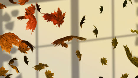 Animation-of-fall-leaves-floating-over-window-shadow-on-yellow-background