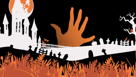 Animation-Von-Halloween-Friedhof,-Fledermäusen-Und-Händen-Auf-Schwarzem-Hintergrund