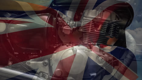 Animation-of-waving-flag-of-uk-over-man-car-engine