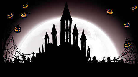 Animation-Von-Jack-o-Laternen,-Die-An-Ästen-Hängen,-Und-Halloween-Häusern-Auf-Blauem-Hintergrund