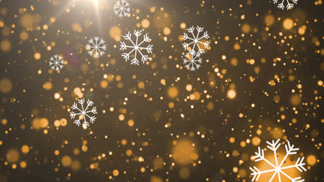 Animation-of-snowflakes-and-golden-lights-falling-on-brown-background