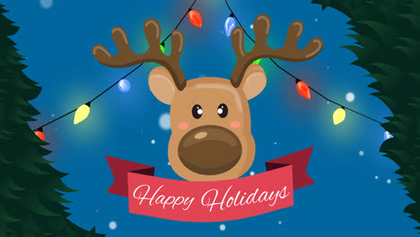 Animation-of-christmas-greetings-text-reindeer-and-fairy-lights-on-blue-background