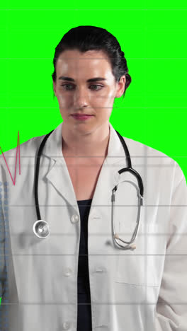 Animation-of-caucasian-female-doctor-over-data-processing-on-green-screen