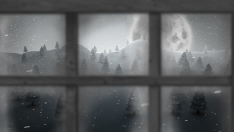 Holzfensterrahmen-Gegen-Schnee,-Der-über-Winterlandschaft-Gegen-Mond-Im-Nachthimmel-Fällt