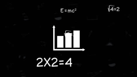 Animation-of-mathematical-equations-and-diagram-icon-on-black-background