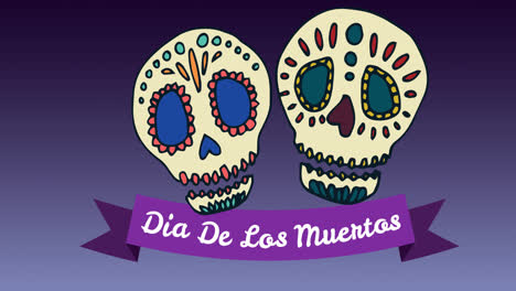Animation-Des-Dia-De-Los-Muertos-über-Dekorativen-Totenköpfen-Auf-Violettem-Hintergrund