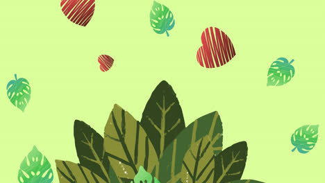 Animation-of-heart-and-leaves-falling-on-green-background