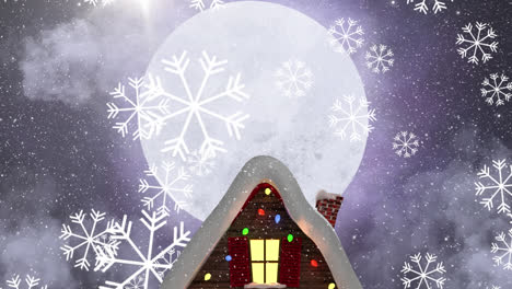 Animación-De-Nieve-Cayendo-Sobre-Una-Casa-Con-Luces-De-Hadas-Y-Luna-En-Un-Paisaje-Invernal