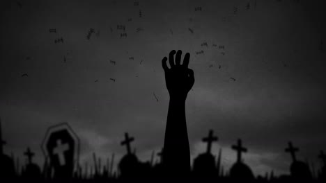 Animation-of-halloween-hand,-bats-and-cemetery-on-grey-background