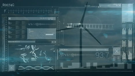 Animation-Der-Datenverarbeitung-über-Windkraftanlage-Und-Himmel-Mit-Wolken