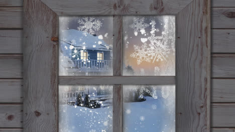 Fensterrahmen-Aus-Holz-Vor-Fröhlichem-Feiertagstext-Und-Schnee,-Der-über-Die-Winterlandschaft-Fällt