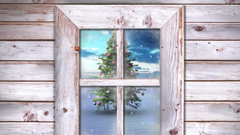 Animation-Von-Fallendem-Schnee-Und-Weihnachtsbaum-In-Der-Winterlandschaft,-Gesehen-Durch-Das-Fenster