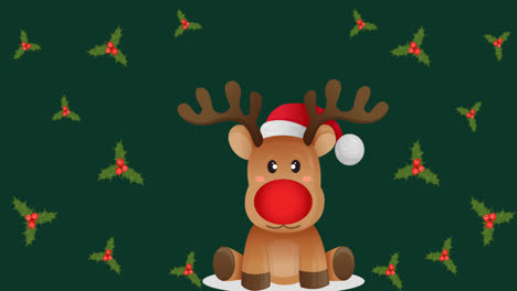 Animation-of-reindeer-with-santa-hat-over-leaves-at-christmas