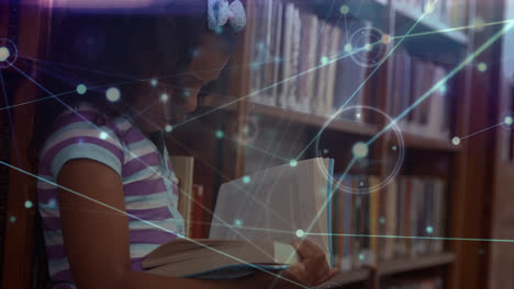 Animation-of-network-of-connections-over-biracial-school-girl-reading-book-in-library