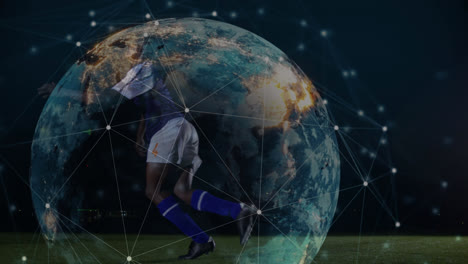 Animation-of-globe-rotating-and-numbers-moving-over-african-american-male-soccer-player