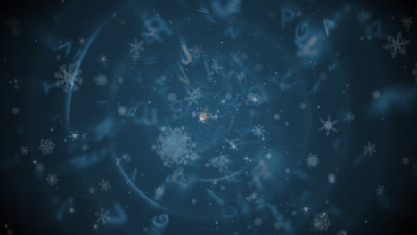 Animation-Von-Weihnachtlichen-Schneeflocken,-Die-über-Buchstaben-Auf-Schwarzem-Hintergrund-Fallen