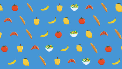 Animation-of-diverse-food-floating-on-blue-background