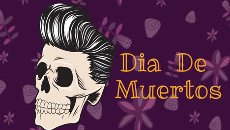 Animation-of-dia-de-los-muertos-and-skull-with-hair-on-purple-background