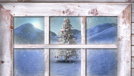 Animation-of-snow-falling-and-christmas-tree-in-winter-scenery-seen-through-window