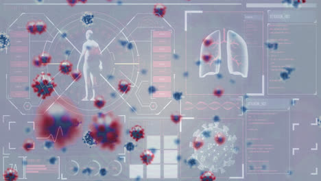 Animation-Von-Viruszellen-Und-Datenverarbeitung-Auf-Blauem-Hintergrund