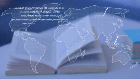 Animación-De-Texto-Y-Mapa-Mundial-Sobre-Libros-En-El-Escritorio