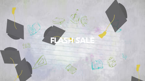 Animation-of-school-items-icons-and-flash-sale-text-over-white-background