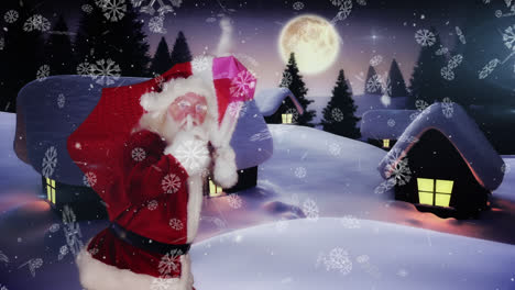 Animation-of-snow-falling-over-santa-claus-and-winter-landscape-at-christmas