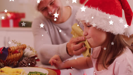Animation-of-stars-falling-over-happy-caucasian-family-wearing-santa-hats-and-having-dinner